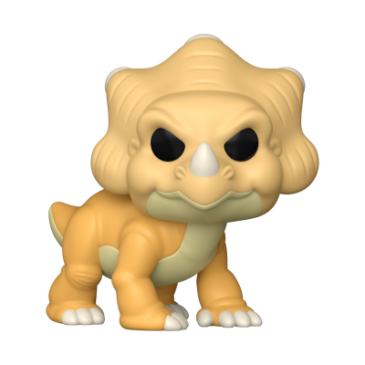 Figura estilizada de dinossauro Triceratops amarelo e bege com olhos pretos grandes