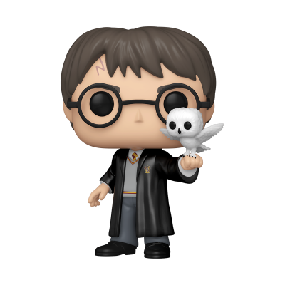Figura Funko Pop do Harry Potter com túnica preta e coruja branca na mão