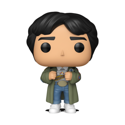 Figura Funko Pop vinil cabelo preto casaco verde calças azuis sapatos brancos