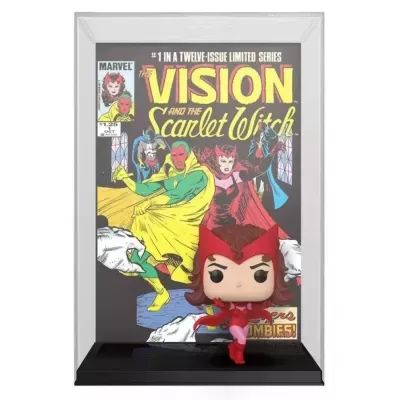 Figura Funko Pop Scarlet Witch em frente a capa de banda desenhada em caixa acrílica
