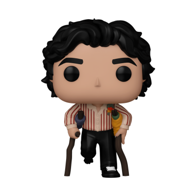 Figura Funko Pop de personagem com cabelo preto, camisa riscada vermelha e branca, calças pretas, ramo de flores e bastões