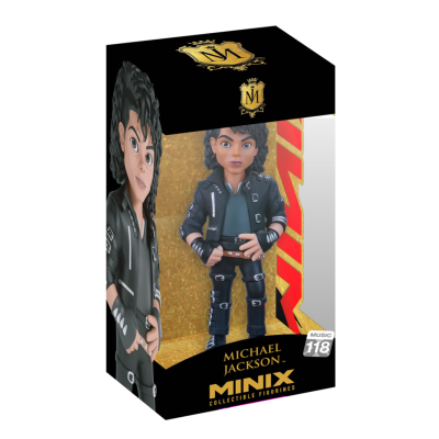 Caixa preta contendo figura miniatura de Michael Jackson com jaqueta preta e várias fivelas.