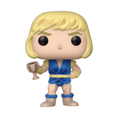 Boneco Funko Pop com cabelo loiro, roupa azul e amarela, segurando uma taça.