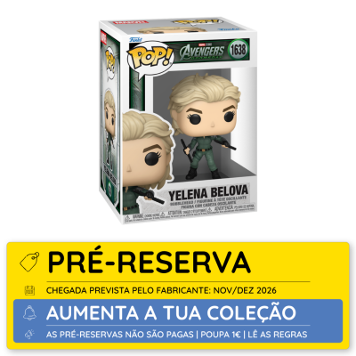 Figura pop vinyl da Yelena Belova em caixa com informações de pré-reserva.
