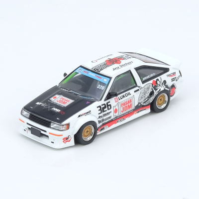 Miniatura de carro de corrida branco e preto com adesivos e rodas douradas