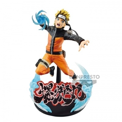 Figura de ação anime Naruto em pose dinâmica com base preta e efeitos azuis.