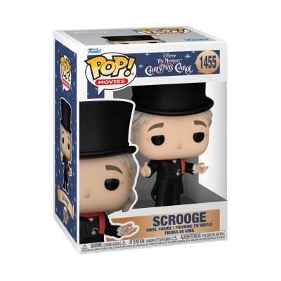 Figura Funko Pop Vinil Scrooge com cartola preta e roupa preta e vermelha na caixa