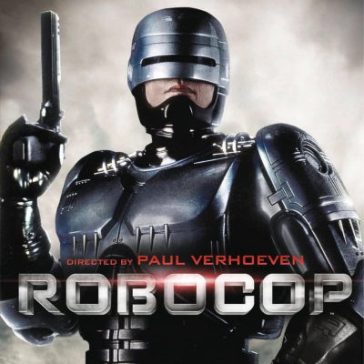 Personagem RoboCop com armadura preta e capacete, segurando arma, texto do filme