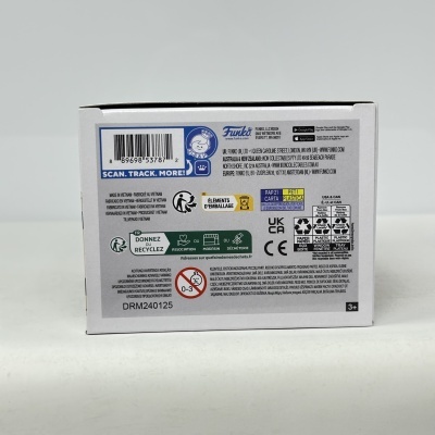 Embalagem branca de papel/cartão com código de barras, logótipo Funko e instruções de reciclagem.