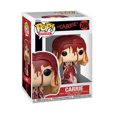 Figura Funko Pop de vinil de Carrie com cabelo ruivo e manchas vermelhas, dentro da caixa com texto POP! MOVIES e CARRIE 2065