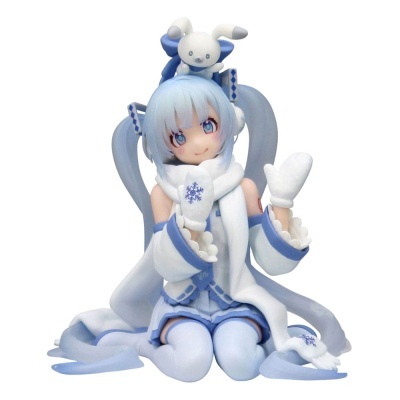 Figurina anime azul claro com cachecol e luvas brancas decoradas