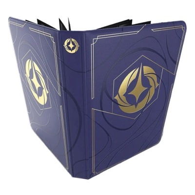 Porta-cartões azul escuro com detalhes dourados e padrão abstrato