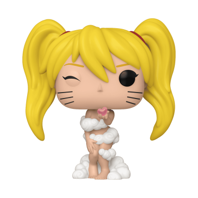 Figura Funko Pop com cabelo amarelo em rabos-de-cavalo, espuma branca e coração rosa