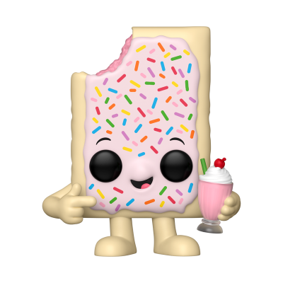 Figurinha colecionável de personagem de pastelaria com cobertura rosa e granulados coloridos segurando milkshake