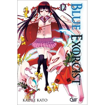 Capa do livro Blue Exorcist volume 12 com rapariga, cães brancos e criaturas amarelas