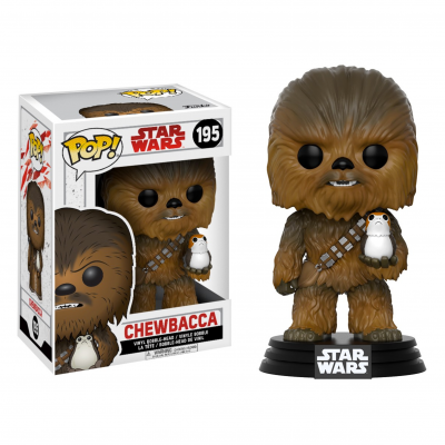 Boneco Funko Pop Chewbacca Star Wars número 195 com boneco Porg na mão e embalagem
