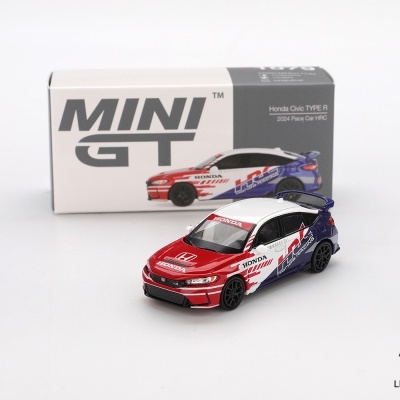 Miniatura de carro Honda Civic TYPE R 2024 em branco, vermelho e azul com caixa MINI GT