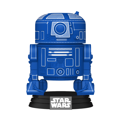 Figura azul de robô R2-D2 com base preta 'STAR WARS'