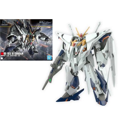 Modelo robótico Gundam branco com caixa ao fundo