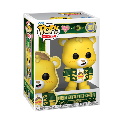 Figura Funko Pop de urso amarelo em casaco verde dentro de caixa transparente
