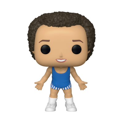 Figura Funko Pop de pessoa com roupa azul e calções às riscas, cabelo castanho encaracolado