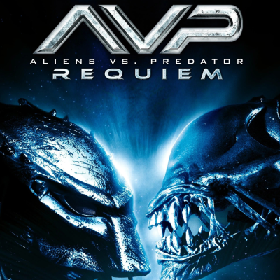 Duas figuras alienígenas em perfil azul metálico com texto AVP ALIENS VS. PREDATOR REQUIEM no topo