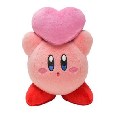 Pelúcia Kirby cor-de-rosa com coração cor-de-rosa e calçado vermelho