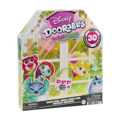 Embalagem Disney Doorables In Full Bloom com ilustrações coloridas e aviso de segurança