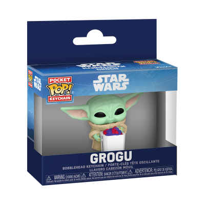 Chaveiro Pocket Pop! Star Wars Grogu segurando caixa branca com bagas, em embalagem azul.