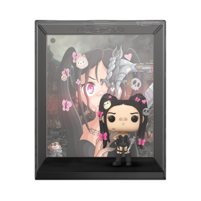 Figurina Funko Pop de personagem feminina com cabelo preto e acessórios rosas em caixa preta com fundo ilustrado