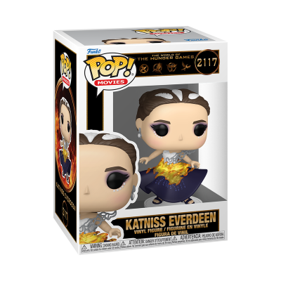 Figura Funko Pop da Katniss Everdeen com fogo em vestido azul na embalagem