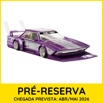 Carro de brinquedo roxo e cinza com desenhos e texto em japonês