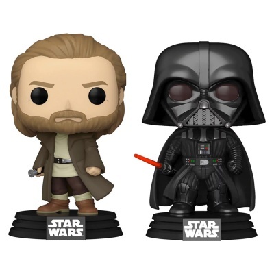 Duas figuras Funko Pop de Star Wars, Obi-Wan Kenobi e Darth Vader
