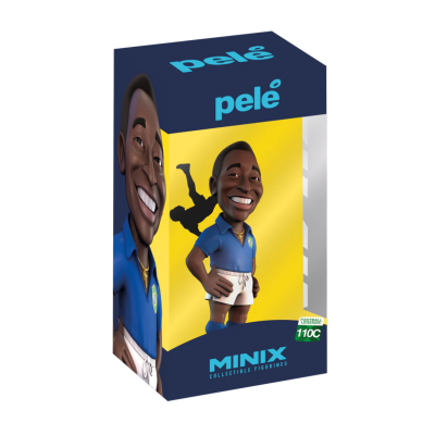 Figura colecionável Minix de Pelé em embalagem azul e amarela