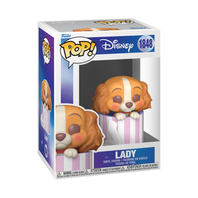 Figura Funko POP! Disney Lady em caixa branca e azul, cão castanho e branco a espreitar de caixa rosa e branca