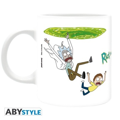 Caneca branca com ilustração dos personagens Rick e Morty a cair de um portal verde