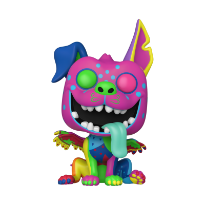 Figura de vinil colorida de animal com orelhas grandes assimétricas e língua verde para fora