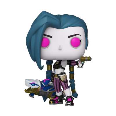 Figura Funko Pop de personagem com cabelo azul e animal mecânico ao lado