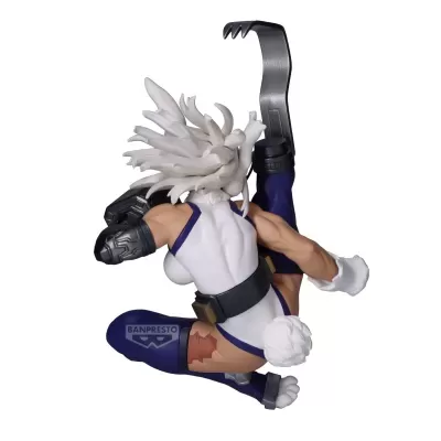 Figura colecionável de personagem em pose dinâmica com cabelo branco e roupa branca e azul.