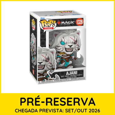 Figura Funko Pop! Ajani em vinil na caixa com texto de pré-reserva e data prevista de chegada