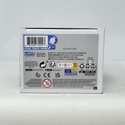 Embalagem de papel branca e cinzenta da Funko com texto e código de barras