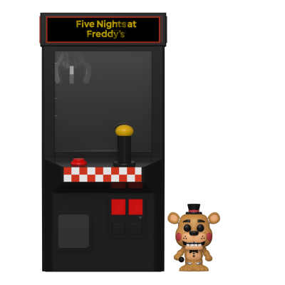 Máquina de arcade Five Nights at Freddy's preta com joystick e botão, acompanhado de figura pequena de Freddy