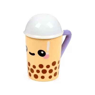 Caneca de cerâmica com design de bubble tea e tampa branca