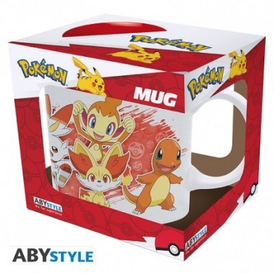 Caixa com caneca Pokémon ilustrada com personagens Chimchar, Fennekin e Charmander