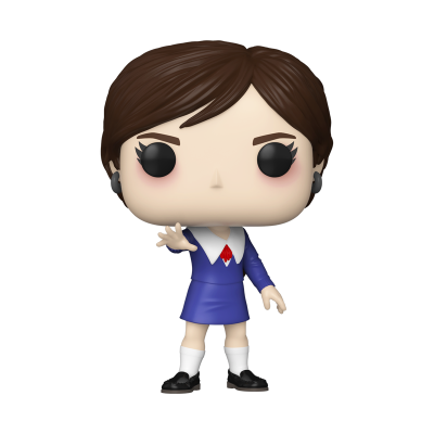Figura colecionável Funko Pop de personagem feminina com vestido azul e cabelo castanho