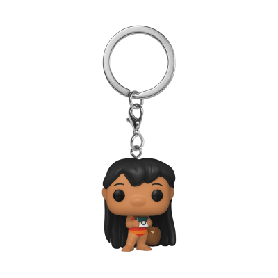 Chaveiro de personagem Funko Pop com cabelo preto e roupa laranja e azul