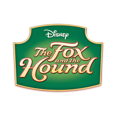 Painel verde com borda dourada e texto Disney The Fox and the Hound em letras douradas e vermelhas