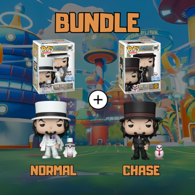 Dois bonecos Funko Pop! do personagem Rob Lucci com fatos branco e preto e pombos pequenos em fundo colorido futurista