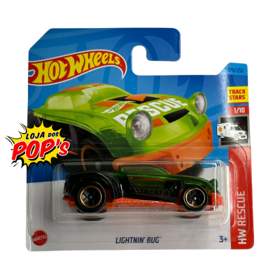 Carrinho Hot Wheels LIGHTNIN' BUG verde e preto em embalagem com texto RESCUE
