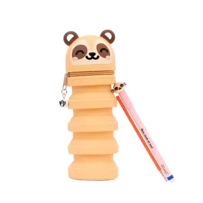 Estojo de lápis dobrável em silicone bege com rosto de urso e caneta rosa e laranja